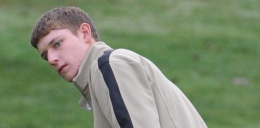 Image courtesy of GoBonnies.com: Senior Kevin Lewis stares down the pin while putting in Goodyear, Ariz. The Bonnies finished 15th in the tournament.