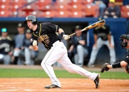 Image courtesy of GoBonnies.com: Junior Billy Urban drives it deep during a spring training game. The Bonnies travel to Marshall for a three-game series March 16-18.