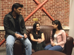 Angelia Roggie/The Bona Venture: Co-president Usman Jilani (left), secretary Myra Khan (center) and co-president Mahmuda Khan (right) of the Muslim Student Association discuss ideas and activities for the group in Café LaVerna. The three seniors started the group to give Muslim students a place to practice their religion and beliefs with others similar to them.