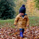 Small child playing in the fall leaves