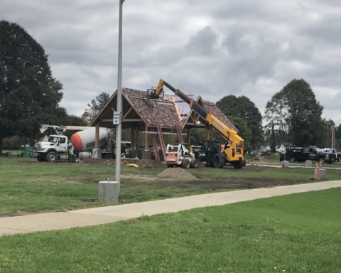 Construction continues in front of Devereux Hall